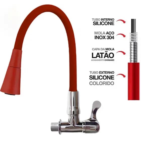 Torneira De Cozinha Gourmet Flexível Com Tampo De Mesa 2 Jatos De Parede-Vermelha