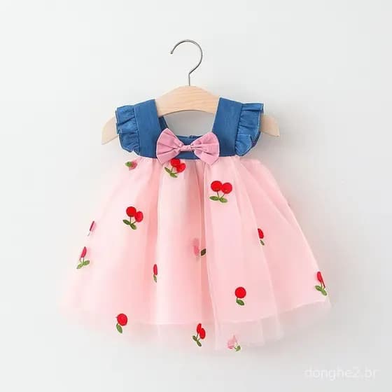 Vestido de Verão para Bebê em Denim e Malha, Estilo Coreano, Vestido de Princesa Bordado