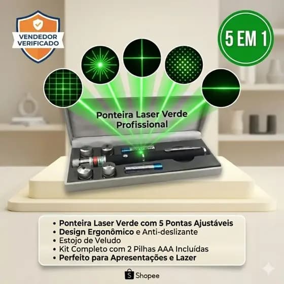 Laser Pointer Verde 5 Em 1 Profissional Completo Com Pilhas AAA