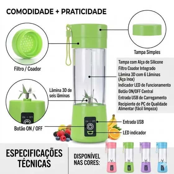 Liquidificador Portátil Recarregável Bivolt Mini - (Cores Sortidas)