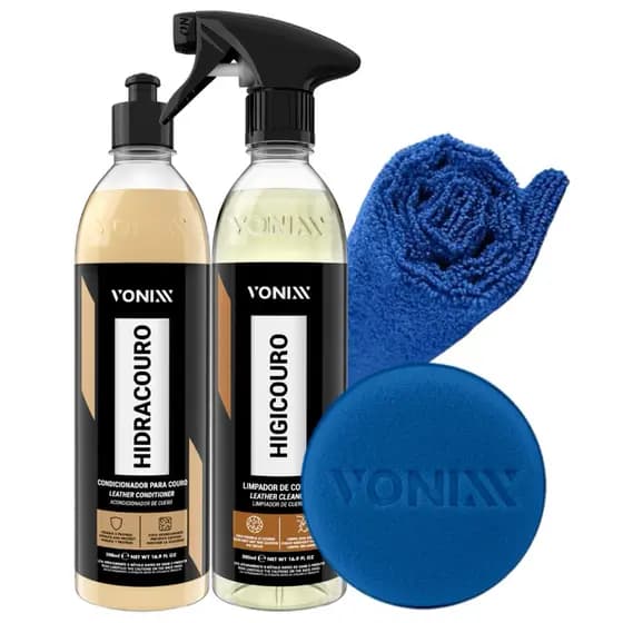 Kit Vonixx Limpar Hidratar Couro Vonixx Higicouro + Hidracouro + Toalha Microfibra + Aplicador