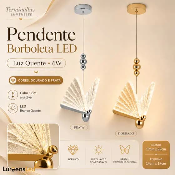 Luminária Pendente Borboleta LED 3200k Dourado/Prata Bivolt – Design Moderno para Sala e Quarto