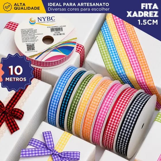 Fita Xadrez Colorida 15mm Rolo 10 Metros Para Artesanato Laços Festa e Decoração - BNVT