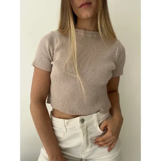 Blusa Cropped Tricot Canelado Com Manga Trico Modal Gola Redonda