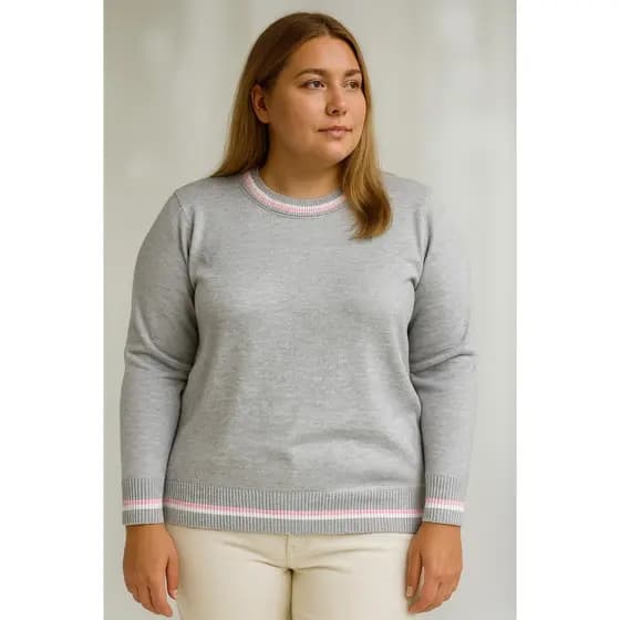 Blusa Tricô Plus Size Meia Malha Gola Redonda Canelada Com Listras