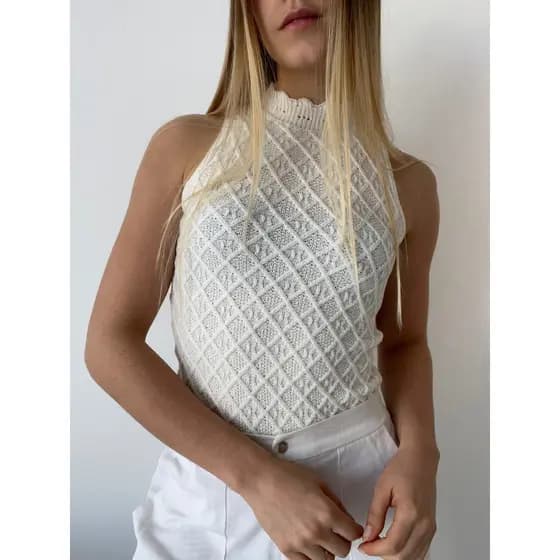 Regata Tricot Ponto Arans Modal Tricô Verão Blusinha Gola Alta
