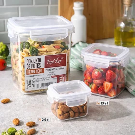Kit 3 Potes Herméticos Quadrados Organizador Alimentos Mantimentos Cozinha Marmita Tampa com Trava Livre de BPA