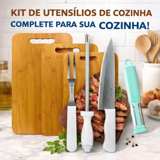 Kit Cozinha Churrasco 7 Peças Jogo 3 Tábuas Madeira + Kit Faca Inox Chaira Garfo + Afiador Descascador 2 em 1