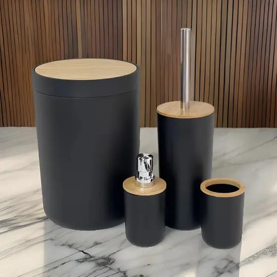 Kit Banheiro 4 Peças Preto Bambu Com Lixeira E Saboneteira Flashgoods