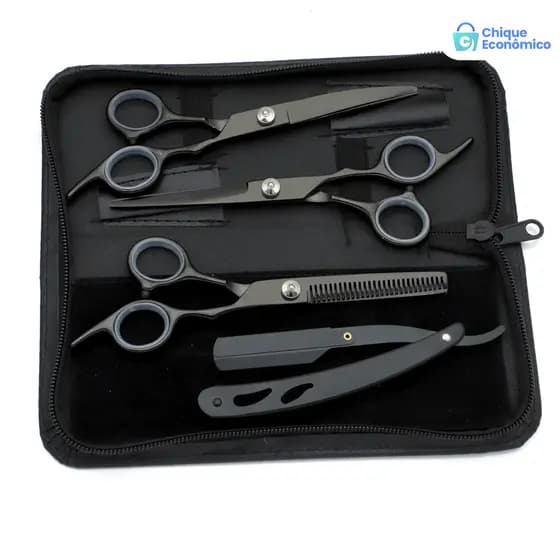 Conjunto de 4 tesouras profissionais de cabelo desbaste aço inox dourado para uso em barbearia