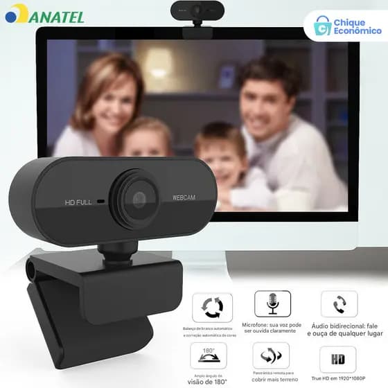 Webcam HD 1080p Microfone 360° Giratória Ajuste Livre para PC Notebook Home Office