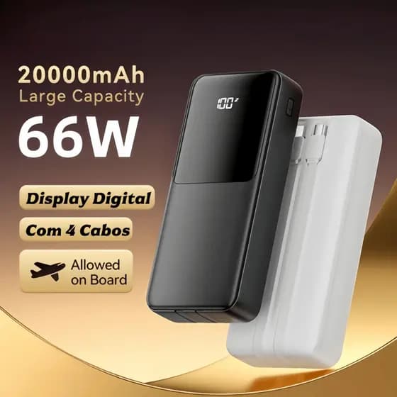 Carregador Power Bank 20000mah Portátil Display Digital 66W Carregamento Super Rápido Com 4 Cabos