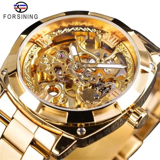 Para forsining European American Style Relógio Mecânico Automático Masculino Estilo Americano Relógio Fashion Casual Steel Band Relógio Masculino Oco à prova d'água