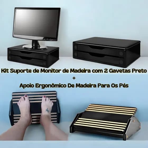 Kit Suporte Monitor de Madeira 2 Ou 3 Gavetas Preto + Apoio De Madeira Ergonômico Pés