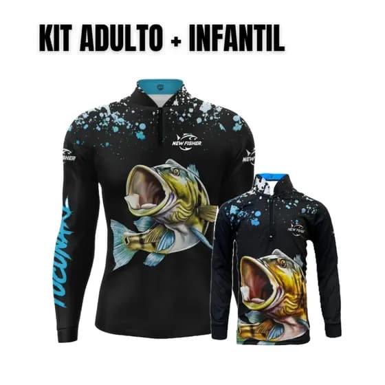 Kit Camisa Camiseta de Pesca Adulto e Infantil Tucunare Black Estampas Iguais Pai e Filho