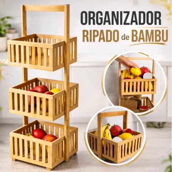 Organizador Vertical Multiuso De Bambu Ripado 3 Andares Fruteira Para Cozinha Envio Imediato Oikos