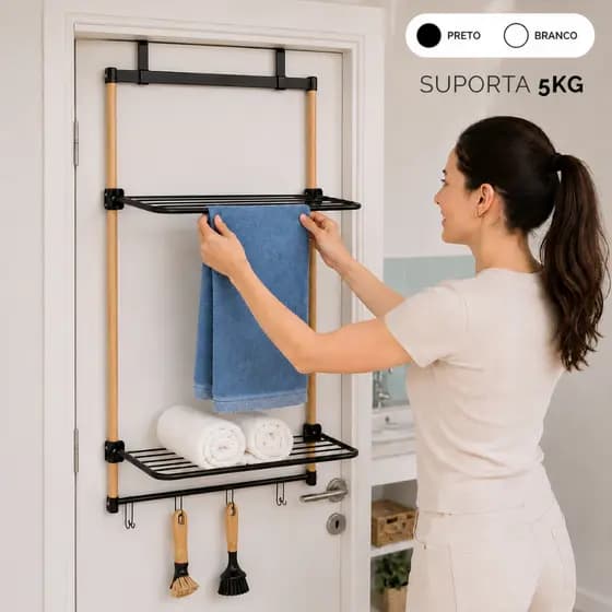 Varal de Porta em Bambu Resistente Dobrável Pedurar Roupa Toalha Portátil Oikos Envio Imediato