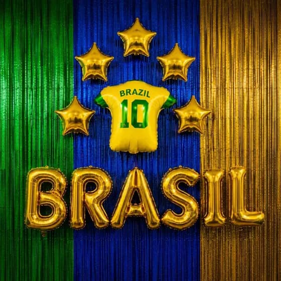 Kit Decoração Copa Com Cortina Metalizada Balão Letreiro Camisa Brasil Confraternização Loja Comércio Aniversário