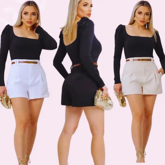 Shorts Alfaiataria Feminino Cintura Alta com Cinto e Bolsos Elegante