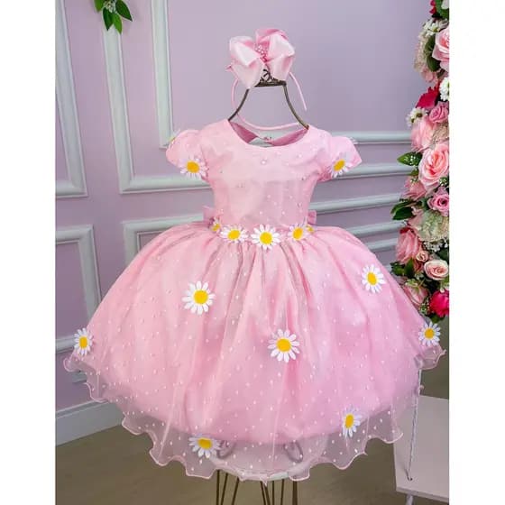 Vestido Marie Jardim Encantado Margaridas Rosa Bebe Casamento Formatura Noiva Batizado Elegante Luxo Clássico Cerimônia Festa Formal Princesa Sofisticado Delicado Glamouroso Infantil Juvenil Festa Casual Menina Dia a Dia Feminino Verão Elegante