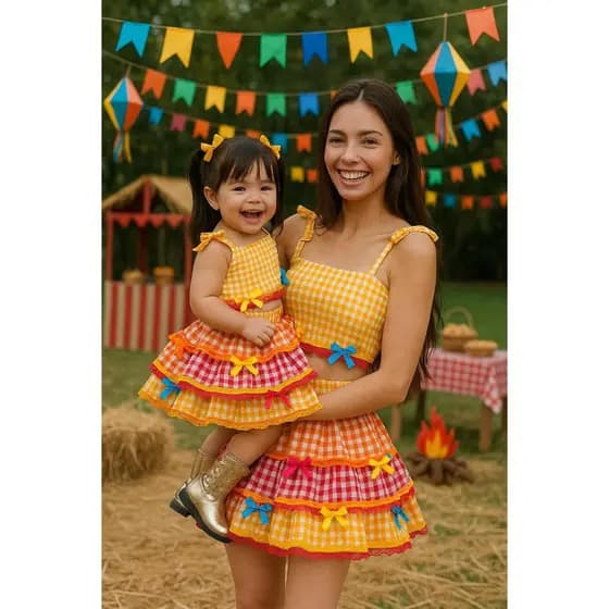 Conjunto Junino Xadrez Amarelo Infantil Juvenil Banana Club Luxo Festa Arraiá Quadrilha