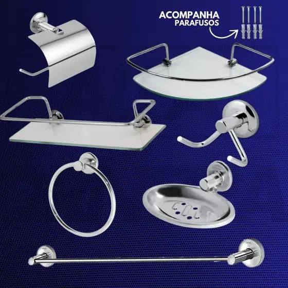 Kit Açessórios P/ Banheiro 5 Peças + Porta Shampoo Reto e Canto Inox Vidro 6mm