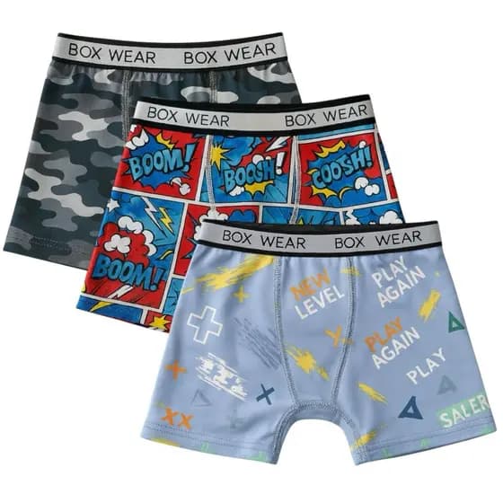 Cuecas Box Boxer Infantil Microfibra Sem Costura Estampada Confortável