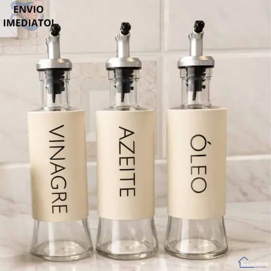 Kit Galheteiro Completo 3 Peças Vidro Azeiteiro Vinagreiro e Óleo Inox Para Cozinha Moderna Azeite