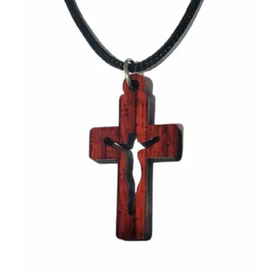 Colar Terço Cordão Crucifixo Em Madeira Com Cristo Vazado