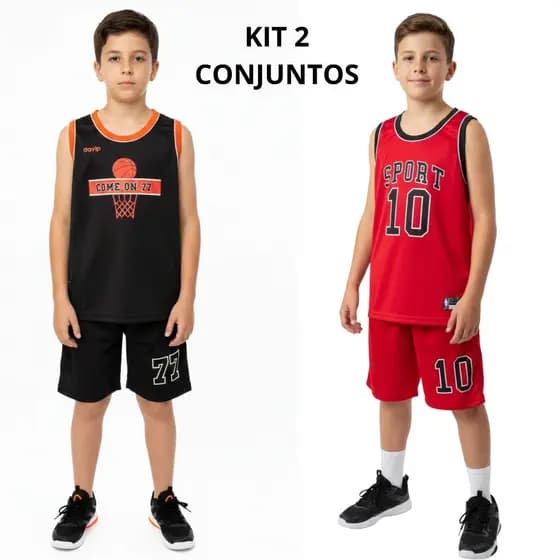 KIT 2 CONJUNTOS INFANTIL ESPORTIVO PARA MENINOS 2 SHORTS + 2 REGATAS TECIDO LEVE E CONFORTÁVEL