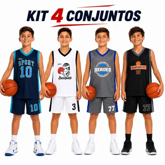 Kit 4 Conjuntos Infantil Masculino Basquete Menino 4 Regatas 4 Shorts Roupa Esportiva