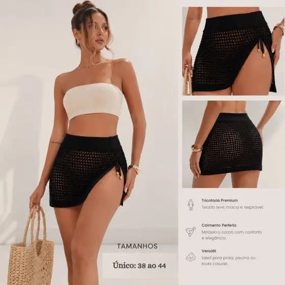Saia Saida de Praia Com Fenda Lateral Look Verão Detalhe Estiloso Moda Feminina Tricot Sofisticada