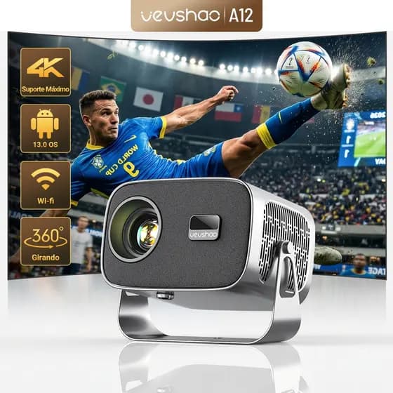 Projetor VEVSHAO A12 Android 11 Com 360 ° Rotação , Suporte 4K , WiFi 6 , Correção Keystone Automática Externa Portátil