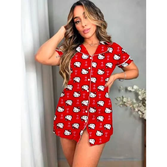 CAMISOLA ESTILO AMERICANO COM BOTÕES PERSONAGENS VERMELHO