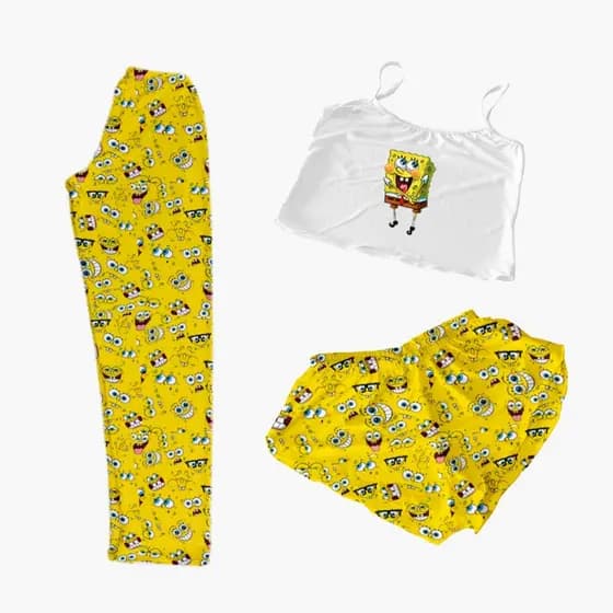 Conjunto Pijama 3 peças calça,shorts e cropped personagens amarelo blusa branca
