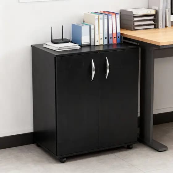 Armário Gabinete Auxiliar 2 Portas Rodas Chão 60cm Escritório Comercial Arquivo Compacto Preto MDP