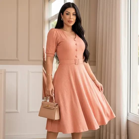 Vestido Godê Mídi Moda Evangélica Malha Canelada M-G