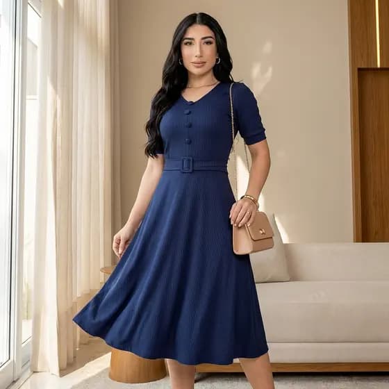Vestido Mídi Godê Moda Cristã Malha Canelada