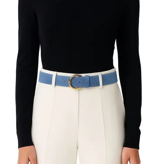 Cinto Feminino Couro Legítimo Camurça Azul 3cm de Largura Fivela Redonda Dourada Moda Presente