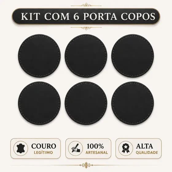 Kit 6 Porta Copos Bolacha 100% Couro Legítimo Premium Preto Descanso Cerveja Chopp Vinho Bebida Bar