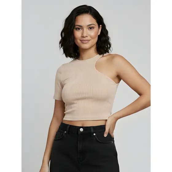 Blusa de Verão Cropped Canelada Feminina Ombro Único Veste 38 ao 42