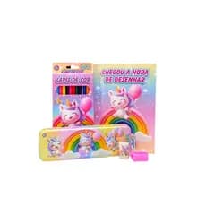 Kit Escolar 12 Lápis de Cor + Caderno de Colorir + Estojo Metalico + Borracha + Apontador + 2 Lápis