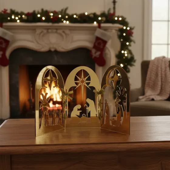 Presépio Articulado de Mesa em Acrílico Dourado 3mm Decoração de Natal Enfeite Natalino Moderno