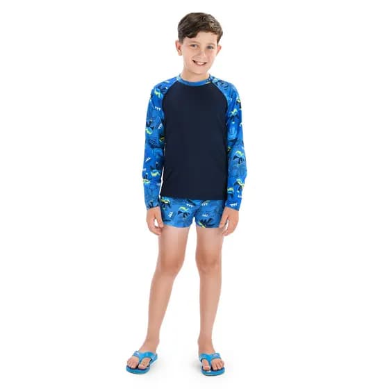 Camisa + Sunga de proteção UV50 Infantil e Juvenil Raglan Moda Praia e Piscina. Meninos