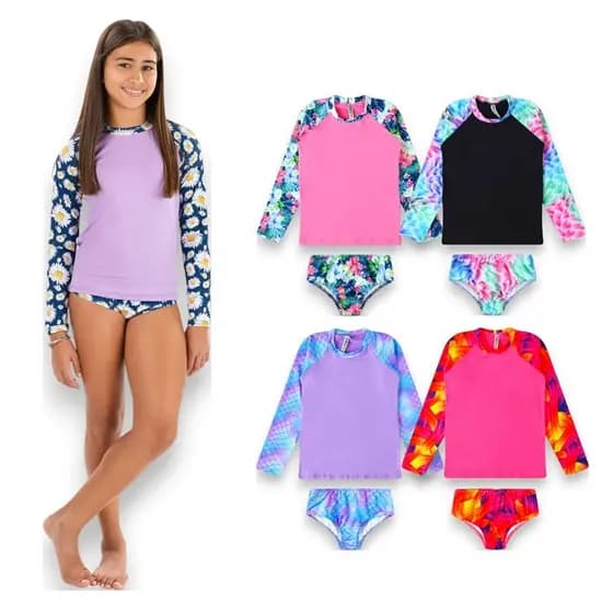 Camiseta + Biquini de proteção UV50 Infantil e Juvenil Tam 4 ao 12 Moda Praia e Piscina. Meninas