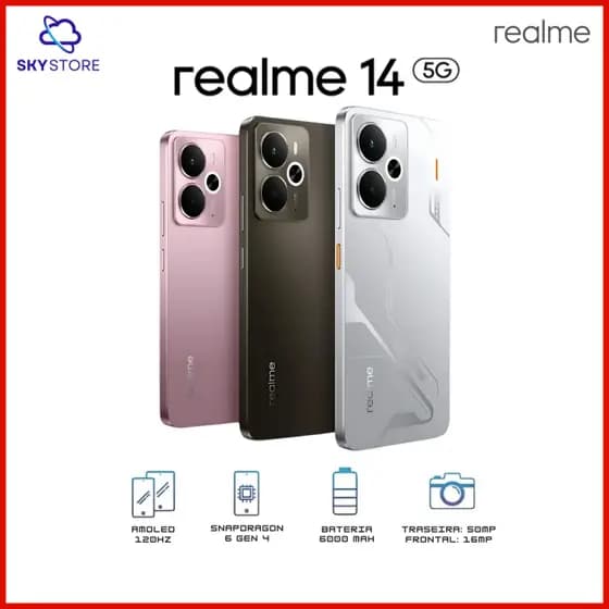 Realme 14 5G, 512/12GB RAM, 256/8GB RAM, 256/12GB RAM Câmera 50MP, Snapdragon® 6 Gen 4, Bateria 6000mAh ,Versão Global.