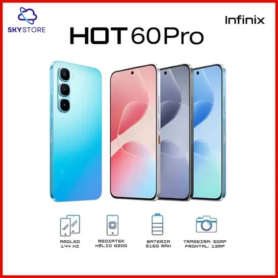 Infinix Hot 60 Pro 256GB Armazenamento 8GB RAM, Processador MediaTek Helio G200, Câmera 50MP Versão Global