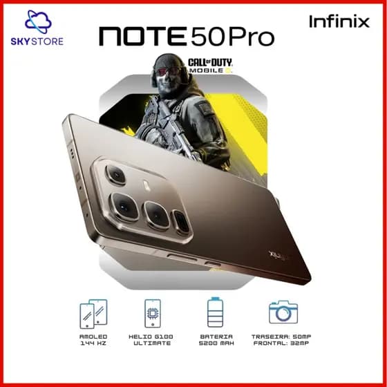 Infinix Note 50 PRO 4.5G, Versão Global, Processador Hélio G100 Ultimate, Câmera 50MP OIS, 256GB + 8GB RAM, 5200mAh