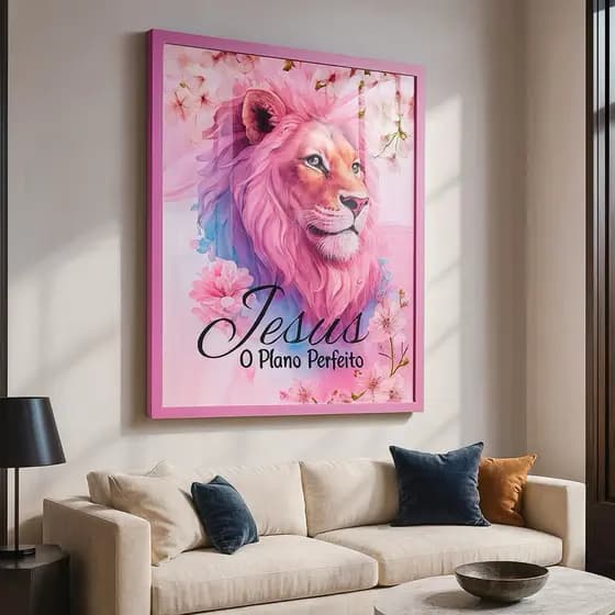 Quadro Decorativo Leão Cor De Rosa Flores Reflexo Frase Jesus é o Plano Perfeito Motivacional Mdf Hd