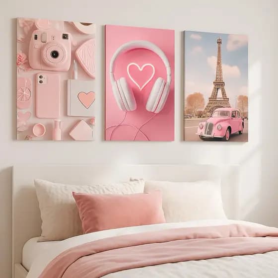 Kit 3 Peças Quadro Decorativo Good Vibes Garotas Cor de Rosa Decoração Quarto Menina Placa MDF 4K HD